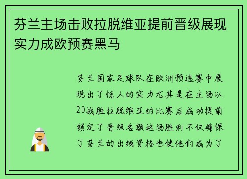 芬兰主场击败拉脱维亚提前晋级展现实力成欧预赛黑马