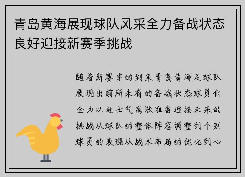 青岛黄海展现球队风采全力备战状态良好迎接新赛季挑战