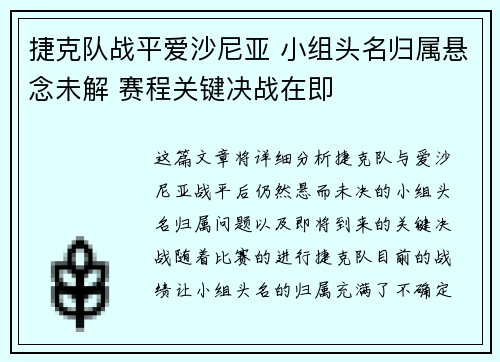 捷克队战平爱沙尼亚 小组头名归属悬念未解 赛程关键决战在即